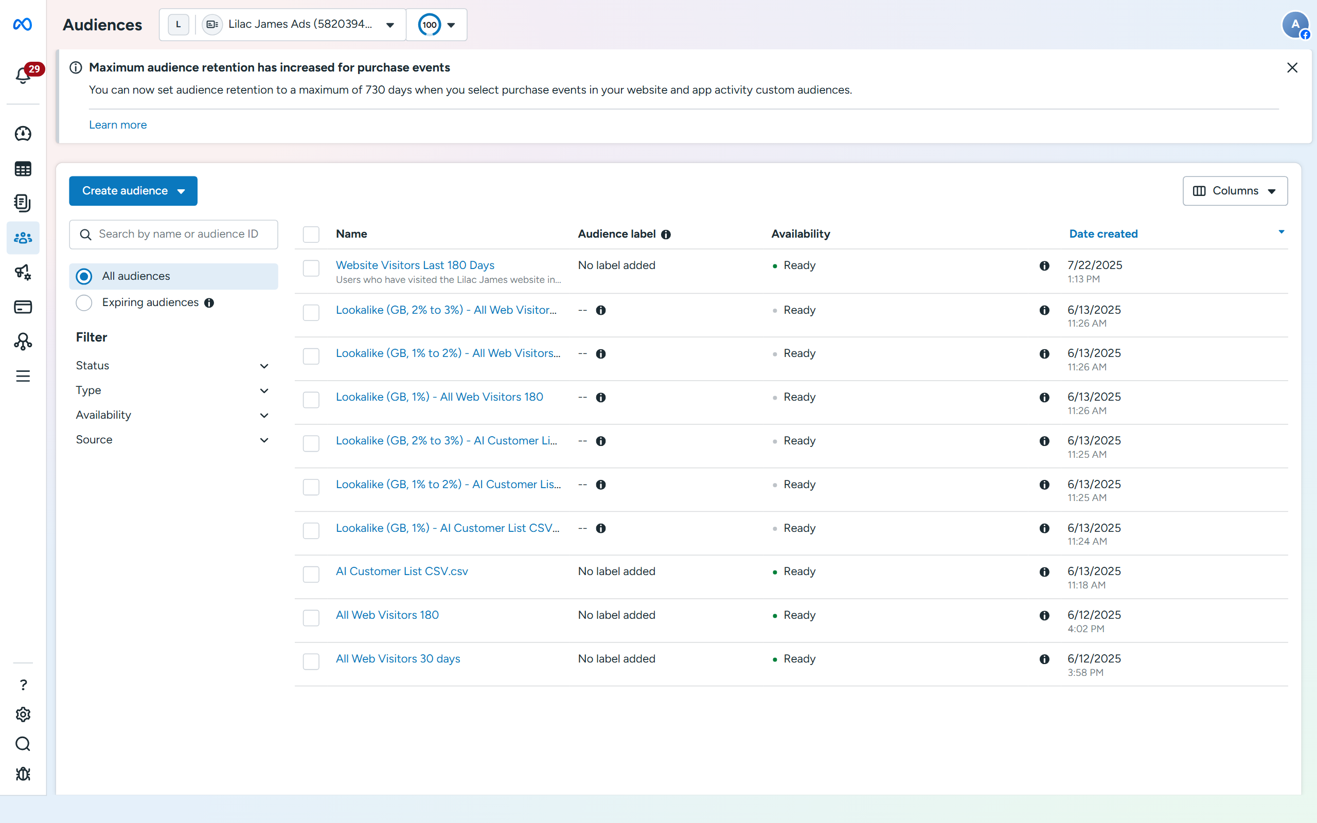 Custom and lookalike audiences with their size and status