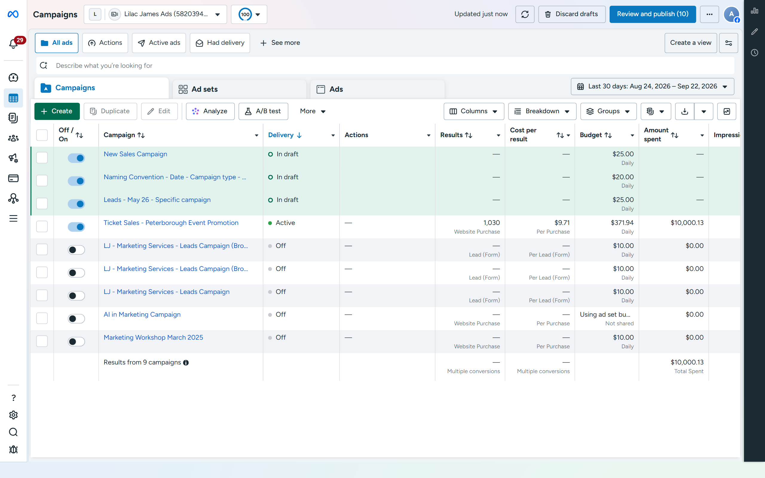Campaigns with the spend, results and budgets you set
