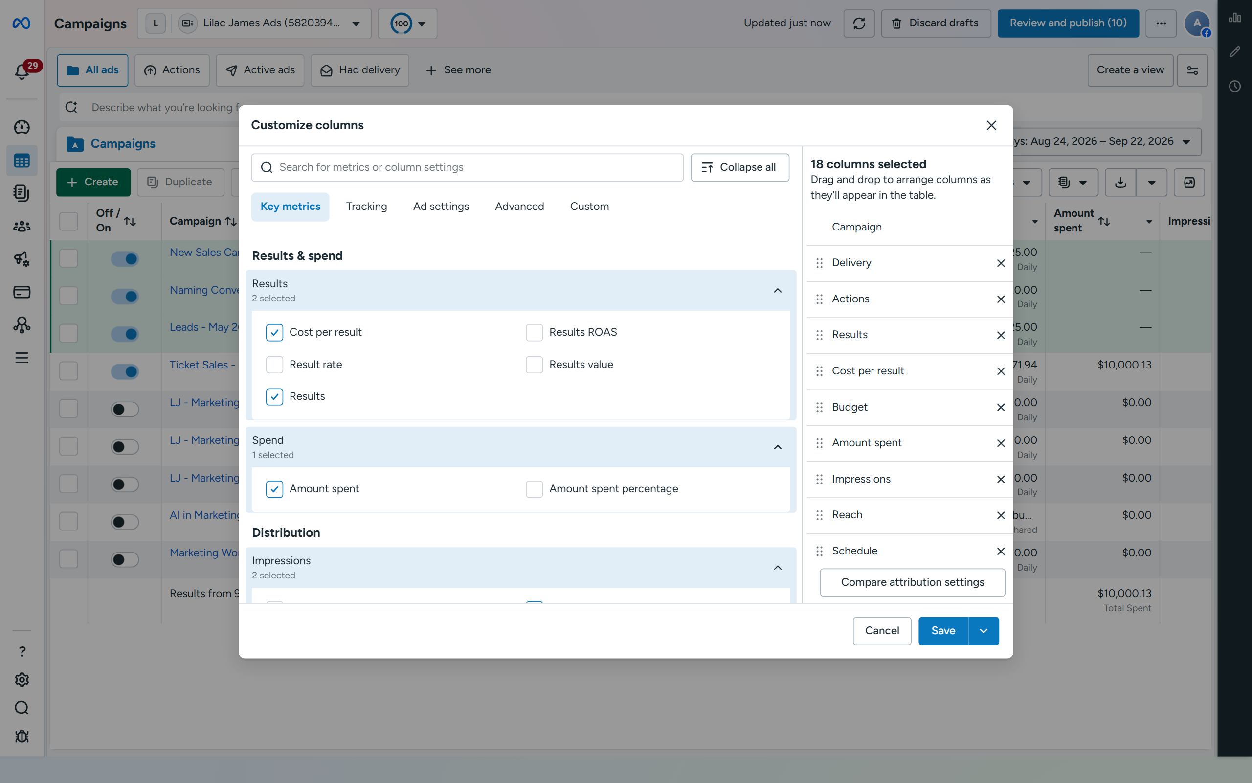 Customize columns from the full catalogue of Meta metrics