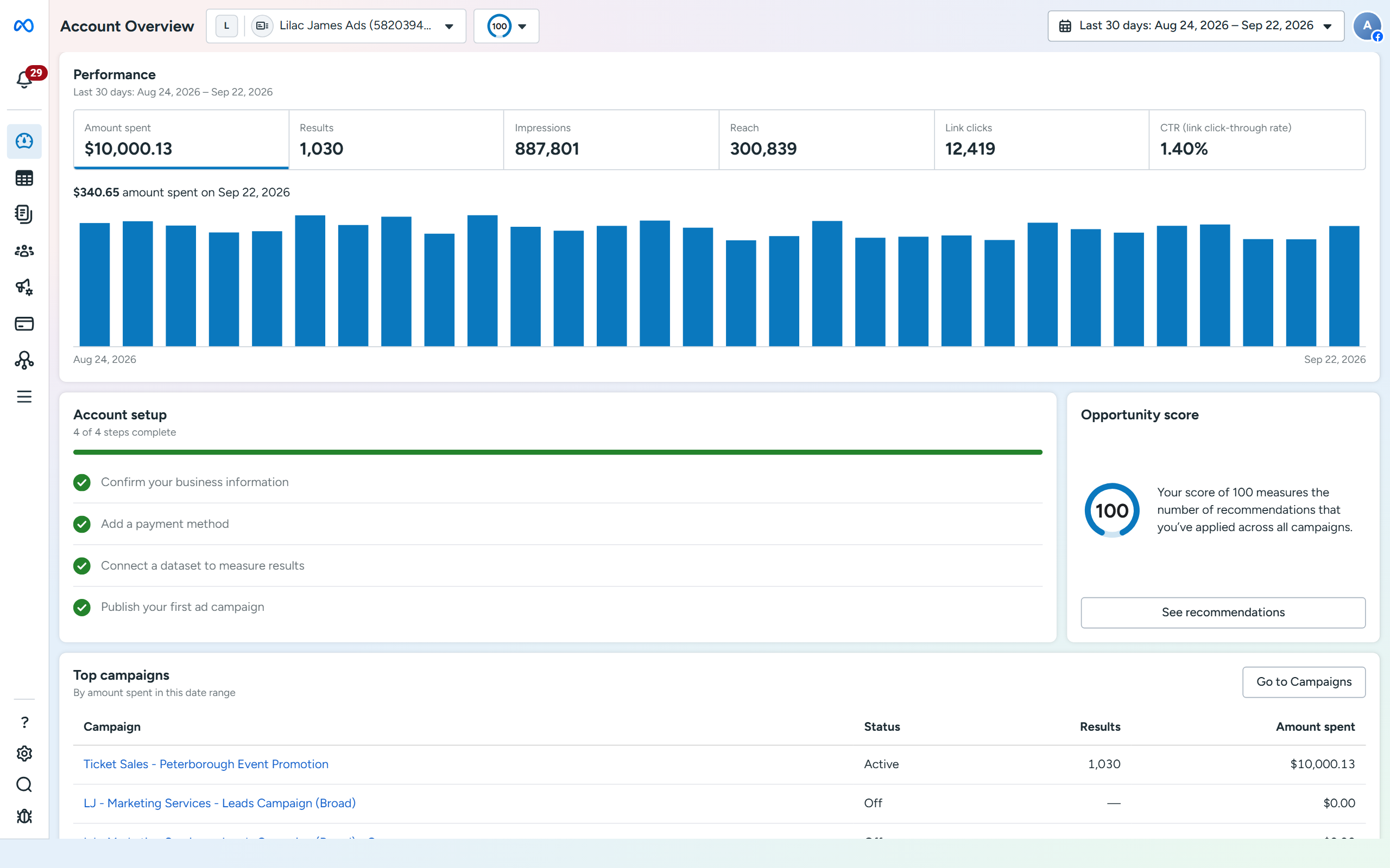 Account Overview with spend and results over time