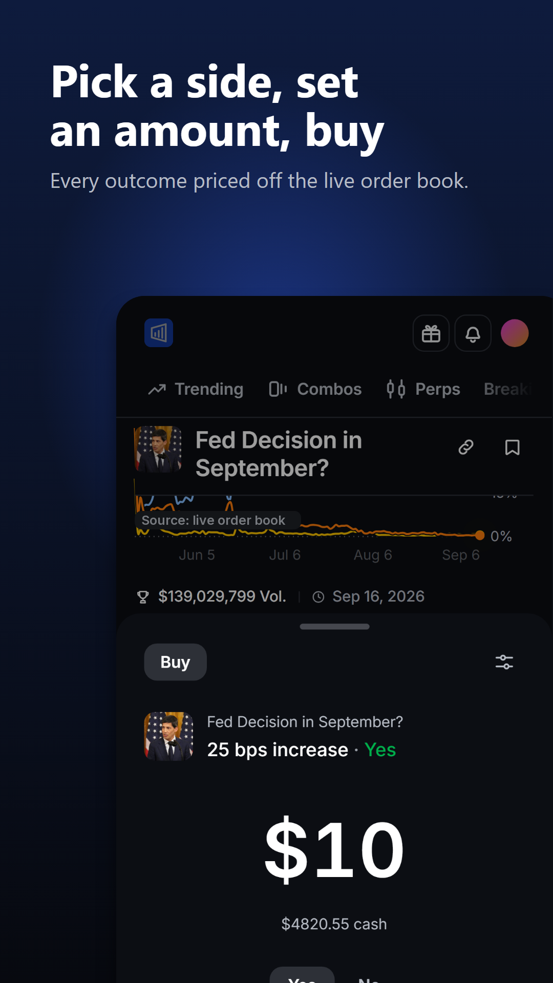 The phone's trade drawer, priced off the live board