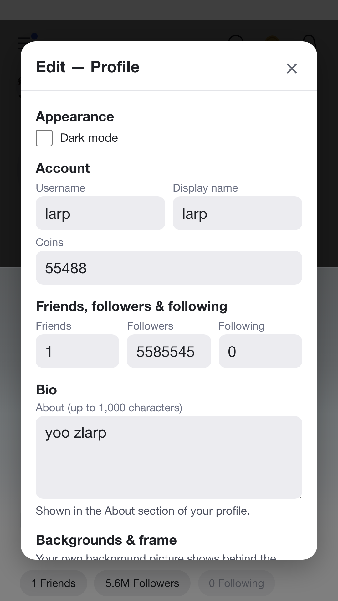 Hold anywhere to edit name, balance and followers
