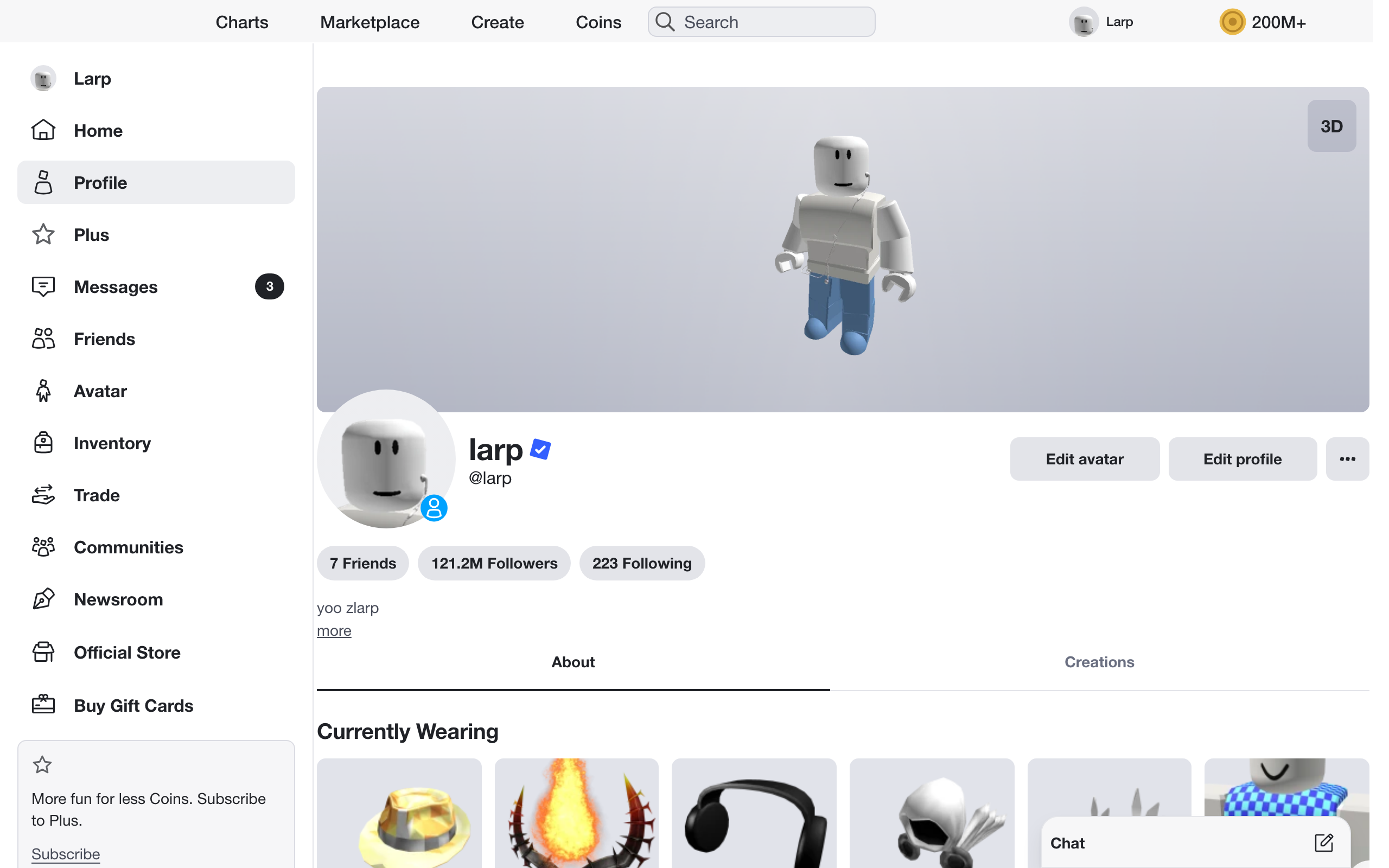 The desktop profile, 121.2M followers