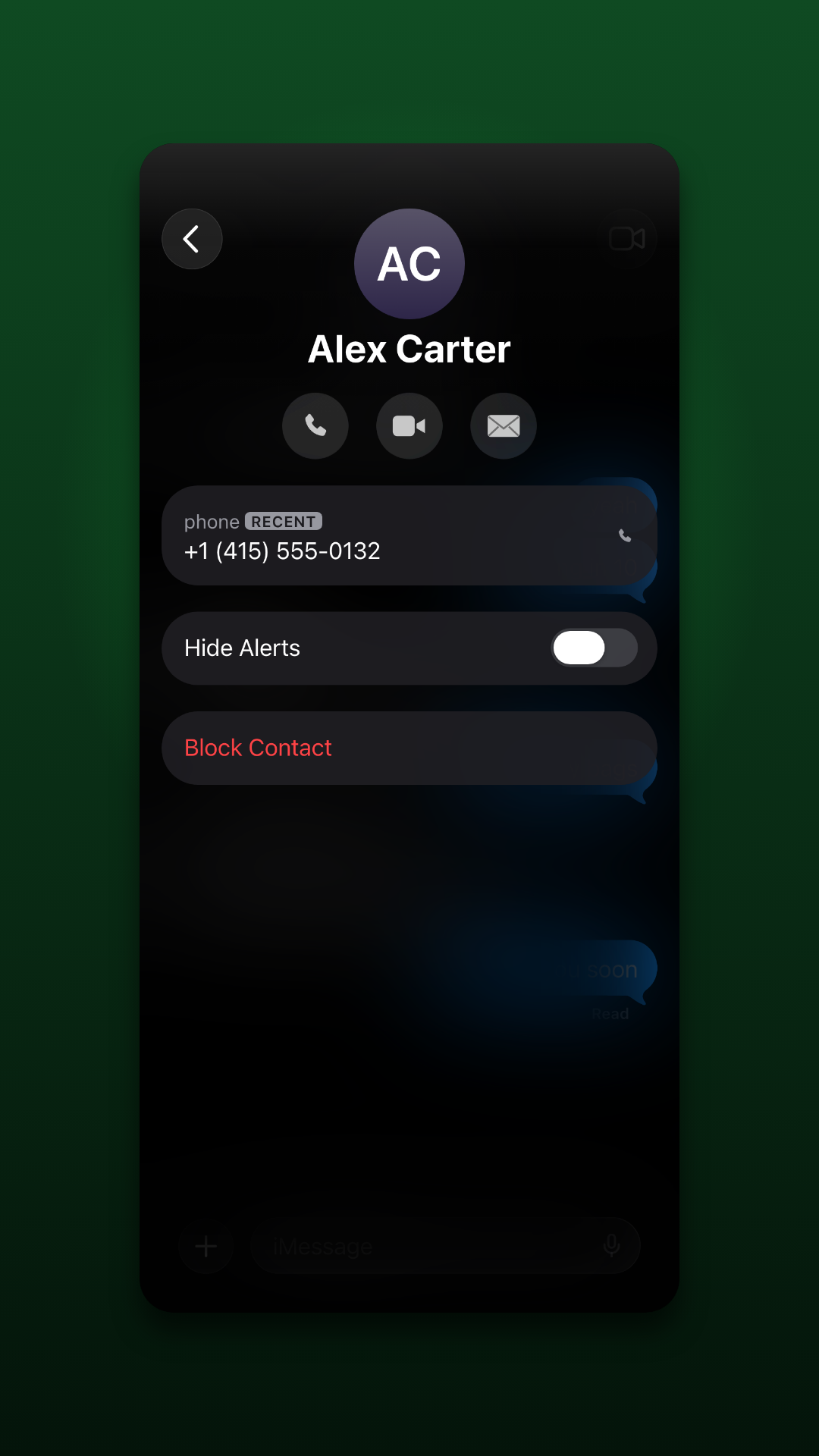 Contact card with call, FaceTime and mail