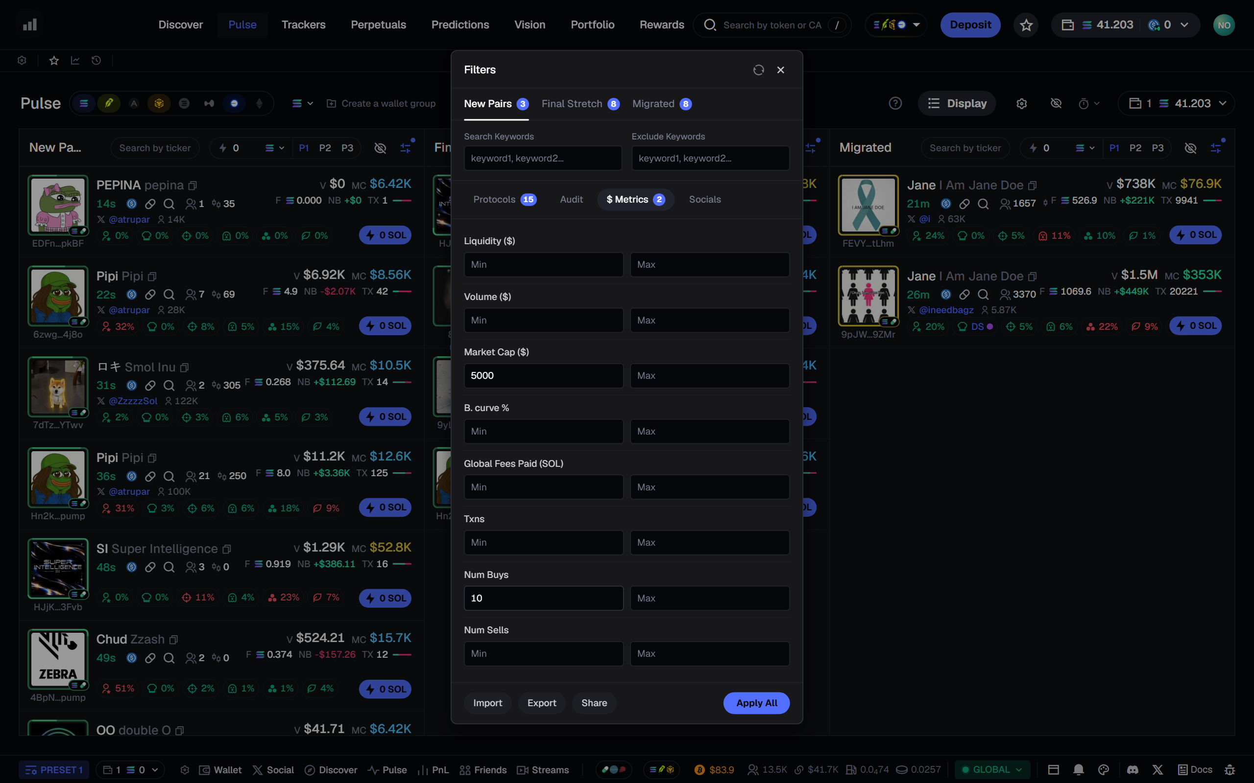 Pulse filters: market cap, buys, holders and socials on live launches