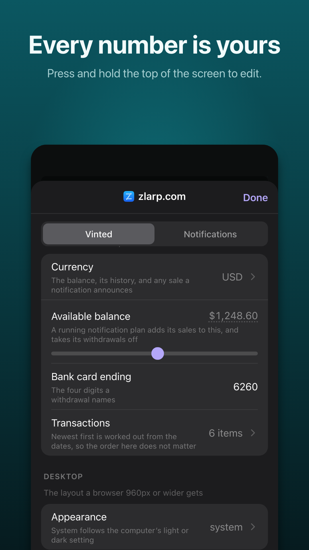 Edit the balance, messages and alerts