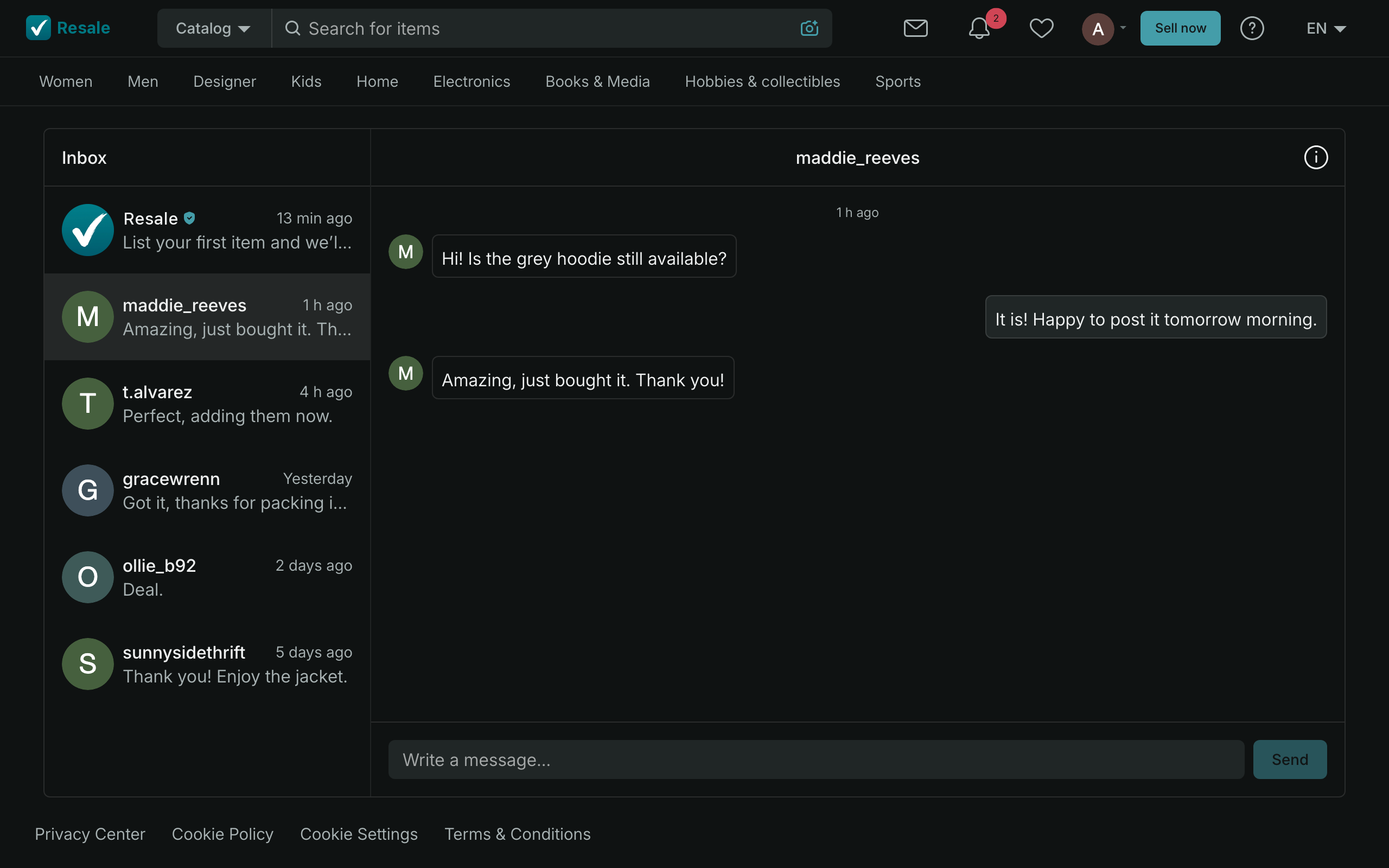 The website's inbox, in dark mode